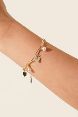 İnci Kalpli Zincir Bileklik Gold - Bileklik