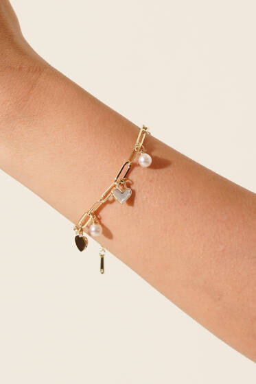 İnci Kalpli Zincir Bileklik Gold - Bileklik