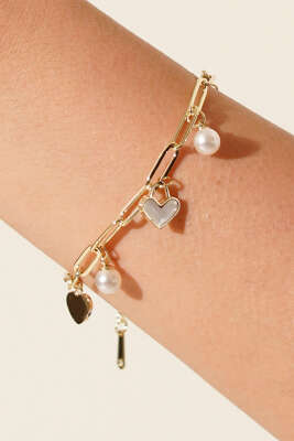 İnci Kalpli Zincir Bileklik Gold - Bileklik