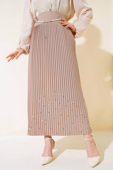 İnci Kemerli Pileli Etek Bej - Etek