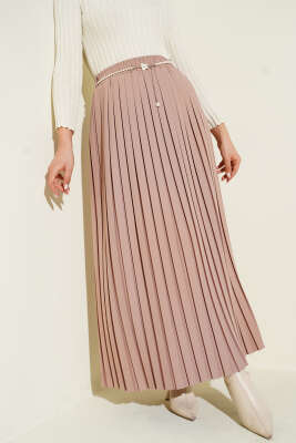 İnci Kemerli Pileli Etek Bej - ALİ AKKAYA