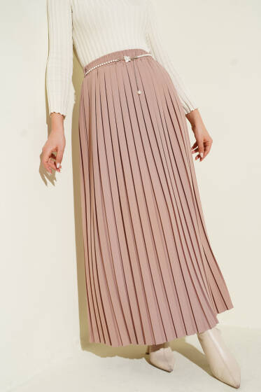 İnci Kemerli Pileli Etek Bej - Etek