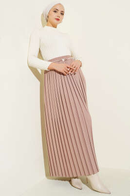 İnci Kemerli Pileli Etek Bej - Etek