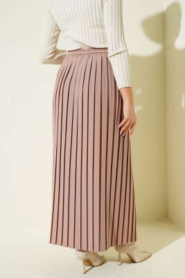 İnci Kemerli Pileli Etek Bej - Etek