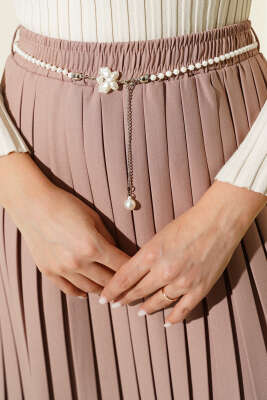 İnci Kemerli Pileli Etek Bej - Etek