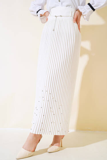İnci Kemerli Pileli Etek Ekru - Etek