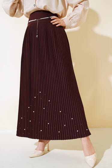 İnci Kemerli Pileli Etek Kahve - Etek