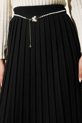 İnci Kemerli Pileli Etek Siyah - Etek