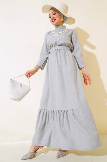 İnci Kolyeli Elbise Gri - Elbise