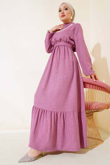 İnci Kolyeli Elbise Gül Kurusu - Elbise