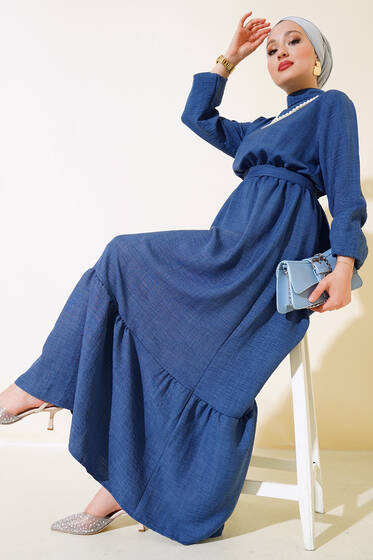 İnci Kolyeli Elbise İndigo - Elbise