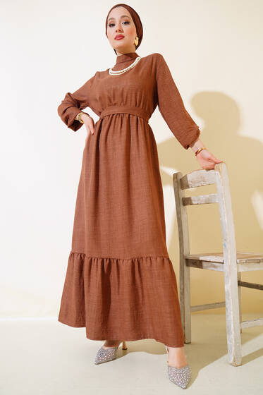 İnci Kolyeli Elbise Kahve - Elbise