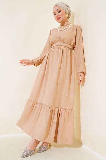 İnci Kolyeli Elbise Latte - Elbise