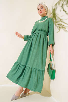 İnci Kolyeli Elbise Yeşil - Thumbnail