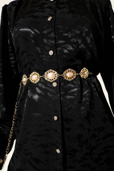 İnci Oval Sembollü Zincir Kemer Gold - Zincirli Kemer