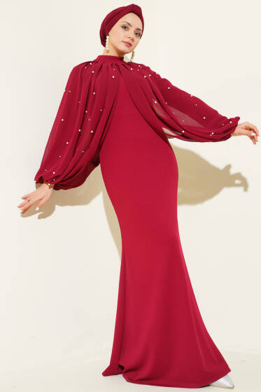 İnci Pelerinli Abiye Elbise Bordo - Elbise