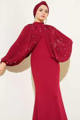 İnci Pelerinli Abiye Elbise Bordo - Elbise