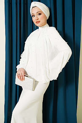 İnci Pelerinli Abiye Elbise Ekru - Elbise