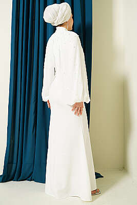 İnci Pelerinli Abiye Elbise Ekru - Elbise