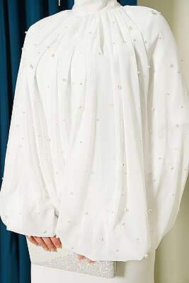 İnci Pelerinli Abiye Elbise Ekru - Elbise