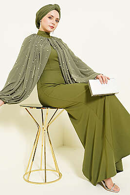 İnci Pelerinli Abiye Elbise Haki 