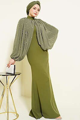 İnci Pelerinli Abiye Elbise Haki - Elbise