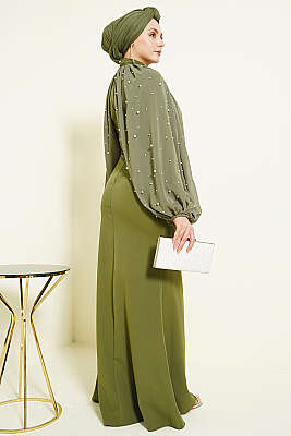 İnci Pelerinli Abiye Elbise Haki - Elbise