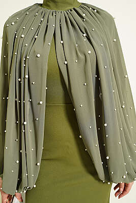 İnci Pelerinli Abiye Elbise Haki - Elbise