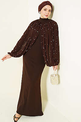İnci Pelerinli Abiye Elbise Kahve 