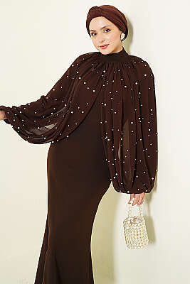 İnci Pelerinli Abiye Elbise Kahve - Elbise