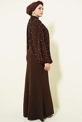 İnci Pelerinli Abiye Elbise Kahve - Elbise