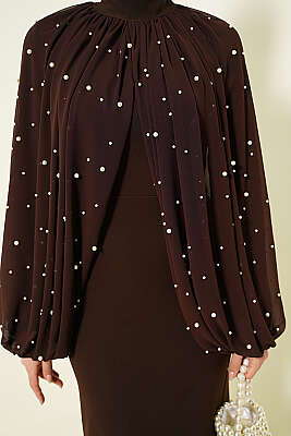 İnci Pelerinli Abiye Elbise Kahve - Elbise