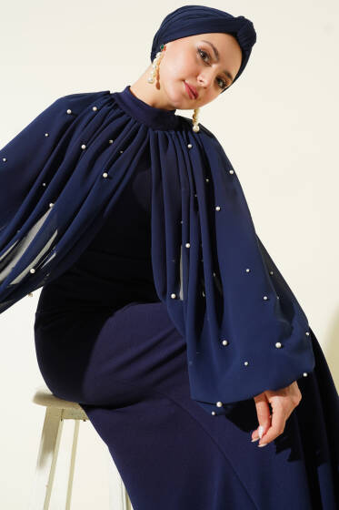 İnci Pelerinli Abiye Elbise Lacivert - Elbise