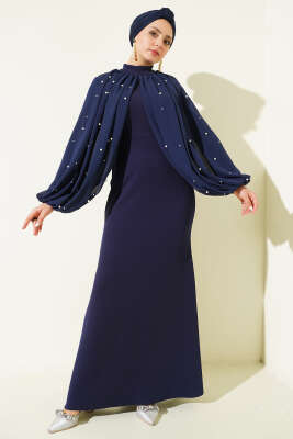 İnci Pelerinli Abiye Elbise Lacivert - Elbise