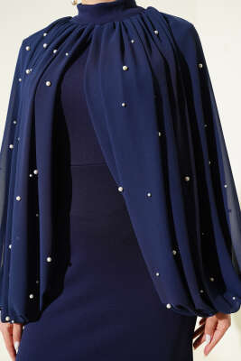 İnci Pelerinli Abiye Elbise Lacivert - Elbise