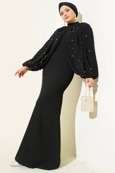 İnci Pelerinli Abiye Elbise Siyah - Elbise