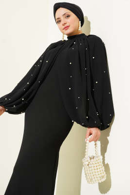 İnci Pelerinli Abiye Elbise Siyah - Elbise