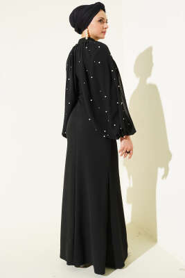 İnci Pelerinli Abiye Elbise Siyah - Elbise