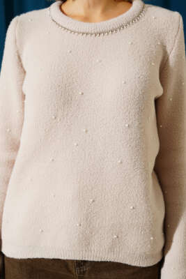 İnci Serpmeli Yumoş Kazak Bej - Kadın Giyim Modelleri