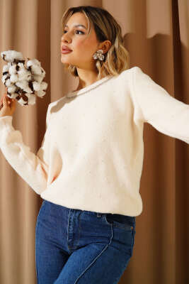 İnci Serpmeli Yumoş Kazak Krem - VANİZA TRİKO