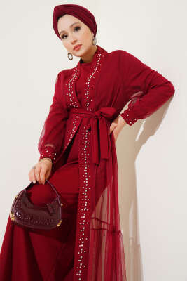 İnci Süslemeli Abaya Bordo - Elbise