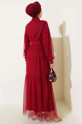 İnci Süslemeli Abaya Bordo - Elbise