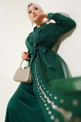 İnci Süslemeli Abaya Yeşil - Elbise