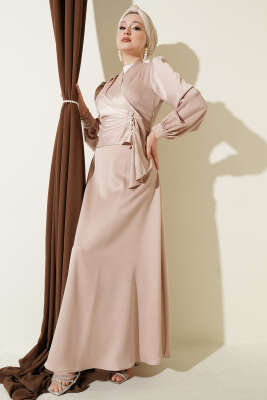 İnci Süslemeli Drapeli Saten Abiye Elbise Bej - BERAT TEKSTİL