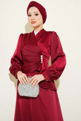 İnci Süslemeli Drapeli Saten Abiye Elbise Bordo - Elbise