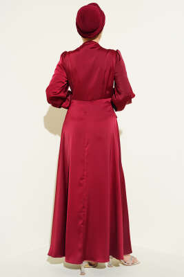 İnci Süslemeli Drapeli Saten Abiye Elbise Bordo - Elbise