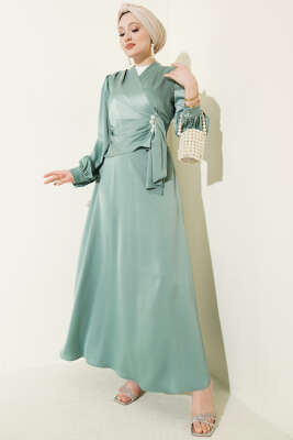 İnci Süslemeli Drapeli Saten Abiye Elbise Çağla Yeşili - BERAT TEKSTİL