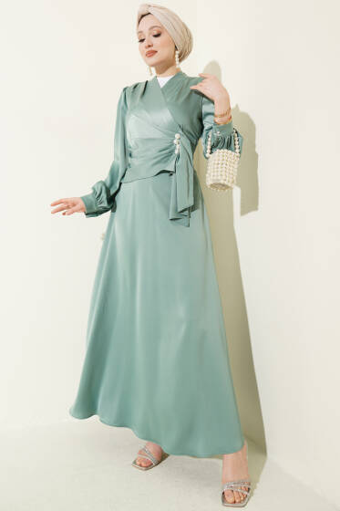 İnci Süslemeli Drapeli Saten Abiye Elbise Çağla Yeşili - Elbise