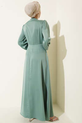 İnci Süslemeli Drapeli Saten Abiye Elbise Çağla Yeşili - Elbise