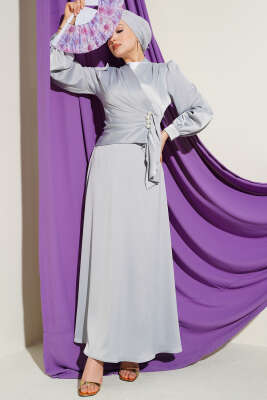 İnci Süslemeli Drapeli Saten Abiye Elbise Gri - BERAT TEKSTİL